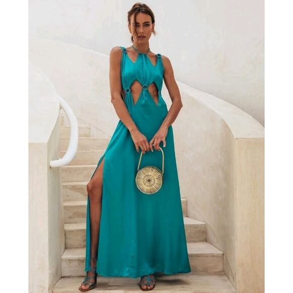 NWT $1000 Cult Gaia SABINE Dress Maxi Cut Out High Neck Azure Teal/Blue Sz XS - Picture 1 of 12